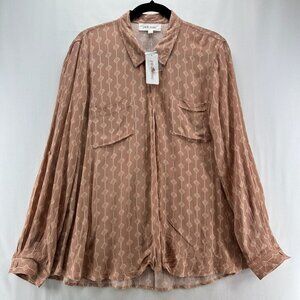 Pink Rose Shirt Womens L Button Up Long Sleeve Collared Pocket Geometric Brown